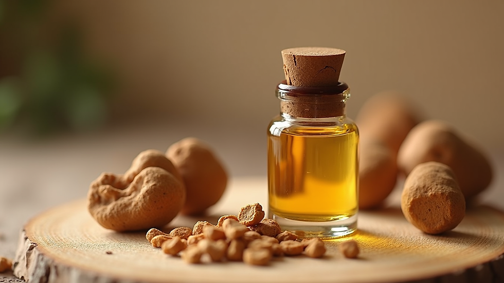 Eye-level view of a glass bottle of sandalwood essential oil with sandalwood pieces