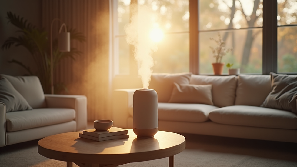 High angle view of a diffuser releasing mist in a cozy living room