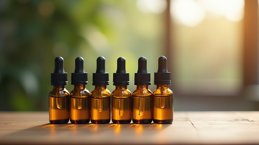 Close-up view of small glass bottles with various essential oils on wooden table