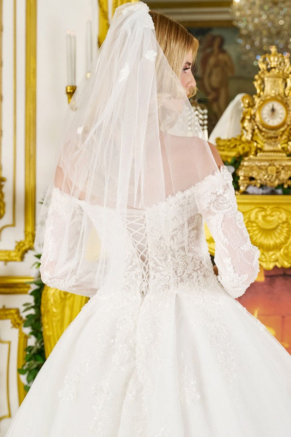 Thumbnail: Off Shoulder 3/4 Sleeve Sweetheart Wedding Gown