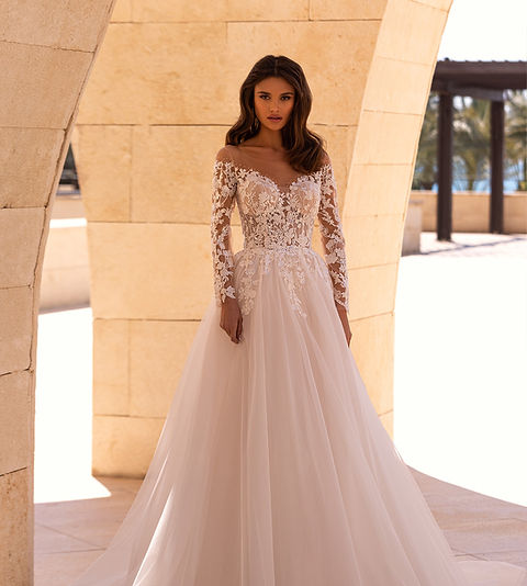 Ferrera- Gorgeous long sleeve illusion plunge ballgown wedding dress | stelabride Ferrera- Gorgeous long sleeve illusion plunge ballgown wedding dress | stelabride