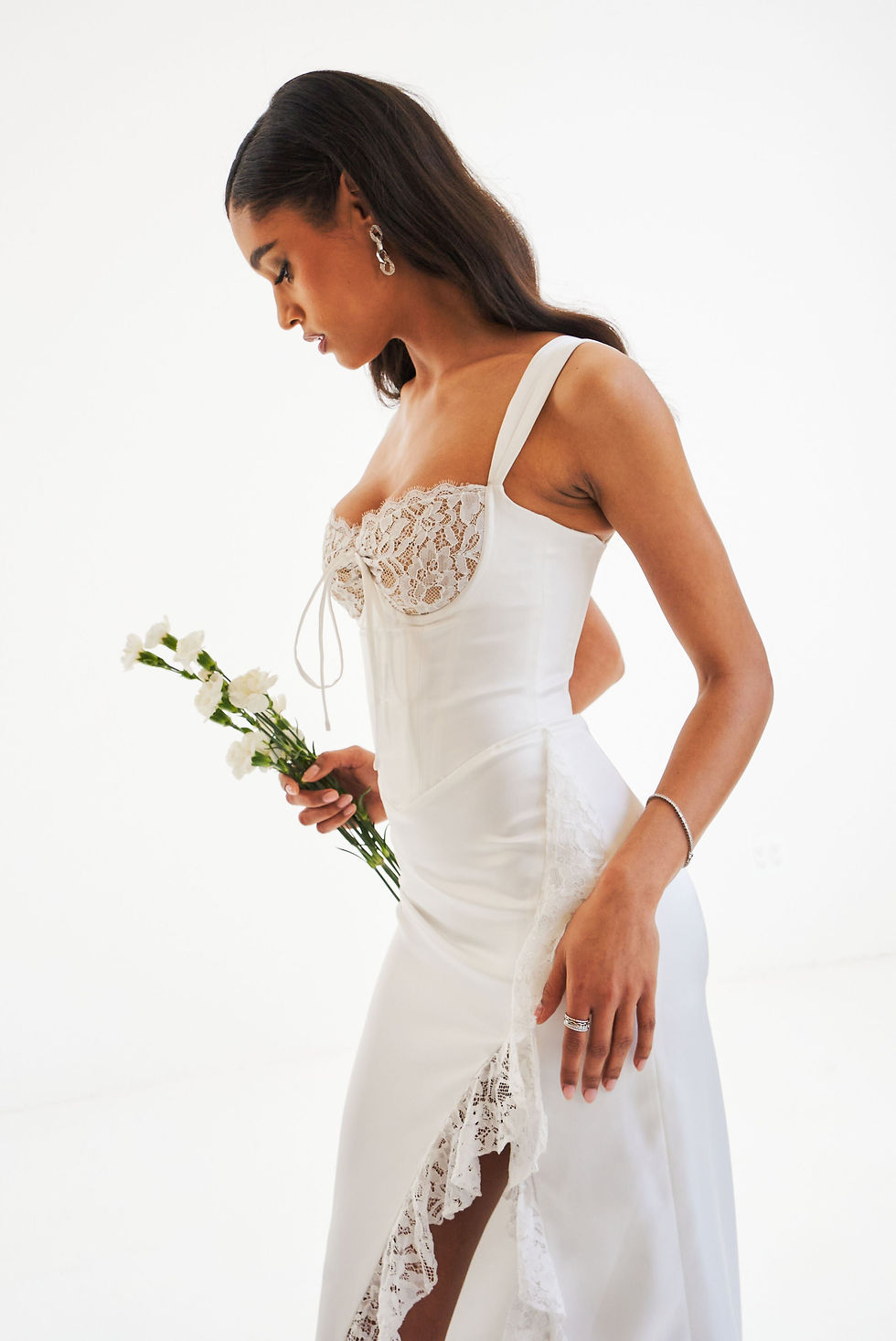 Thumbnail: Freddie White Lace Satin Maxi Corset Dress