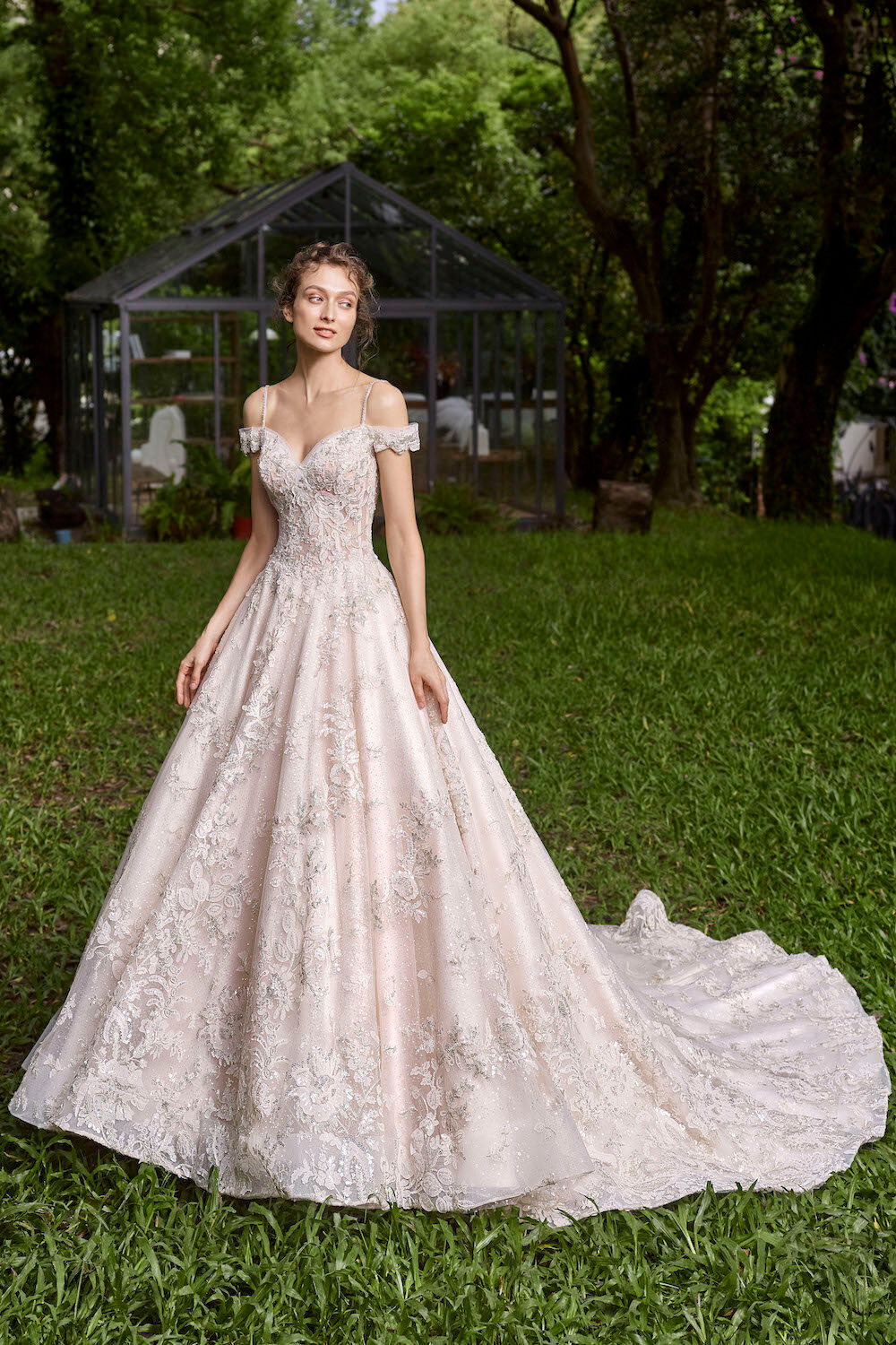 OJ1779-Eartha Sophisticated ballgown with beaded spaghetti straps & off-shoulder