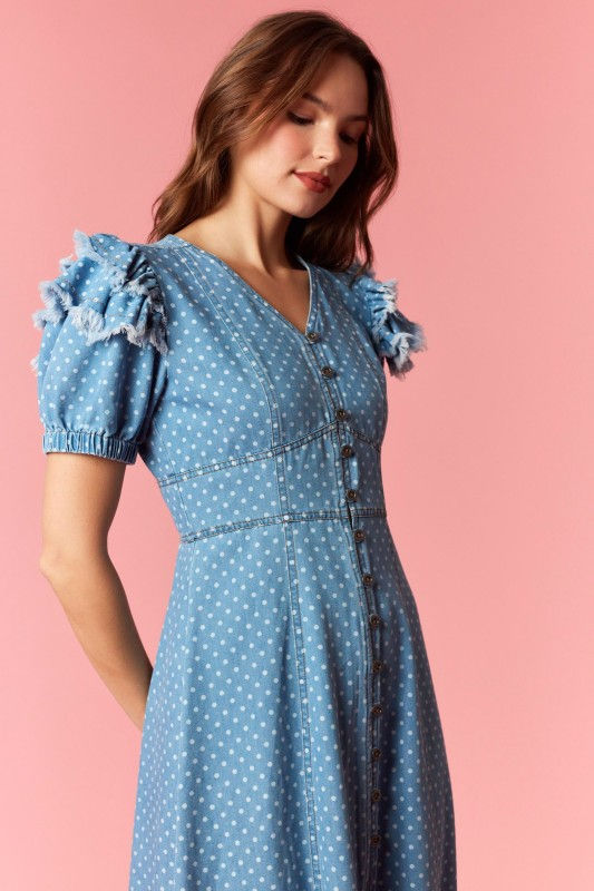 Thumbnail: Polka Dot Button Front Dress With Frayed Sleeve