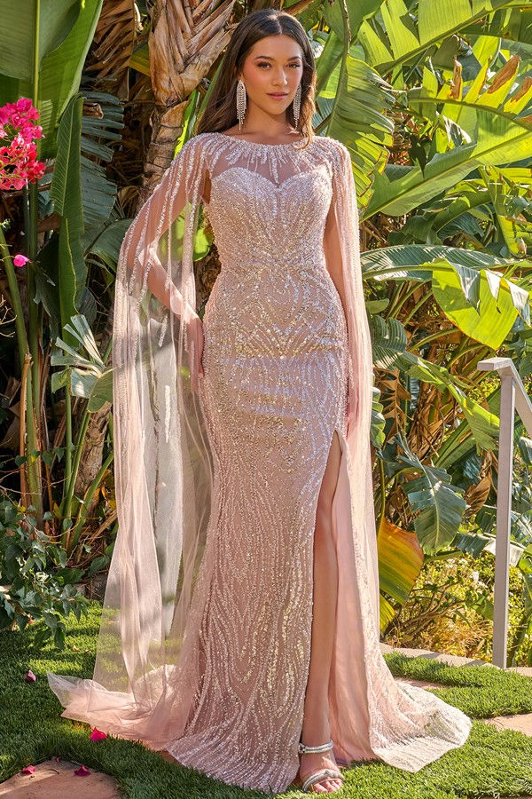 Cape Sleeve Wavy Pattern Bead/sequin Mob Dress