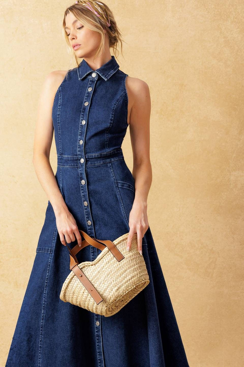 Thumbnail: Washed denim midi dress featuring collar