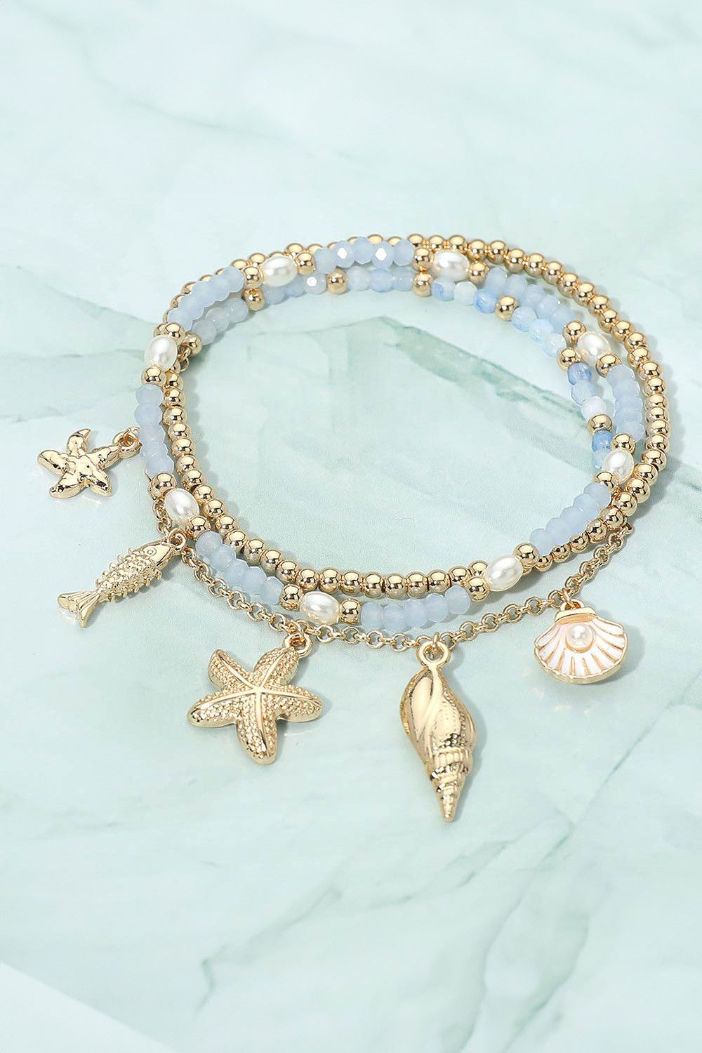 3pcs - Starfish Shell Fish Charm Beaded Stretch Bracelets