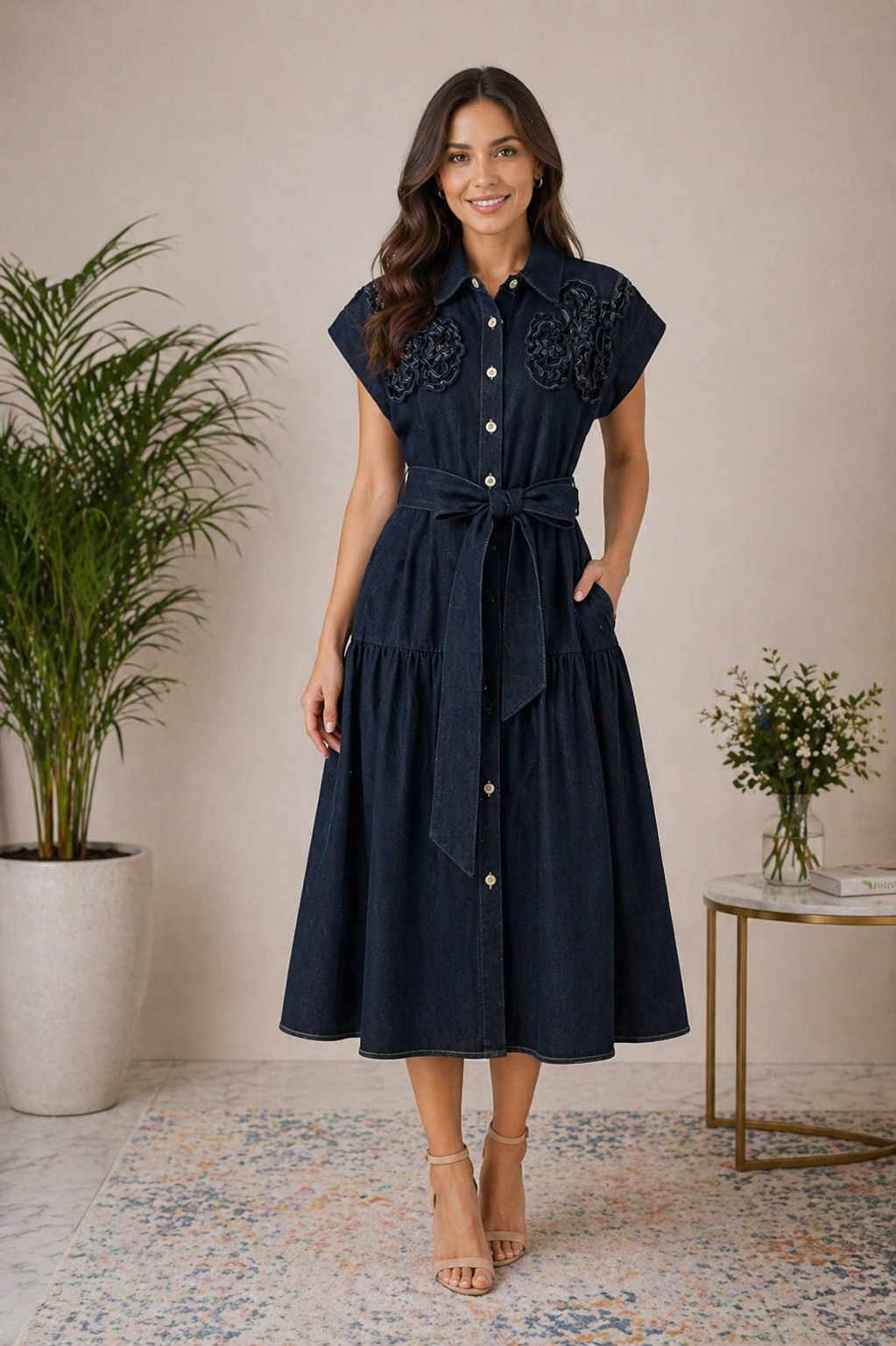 GRACIA Embroidered Denim Midi Dress