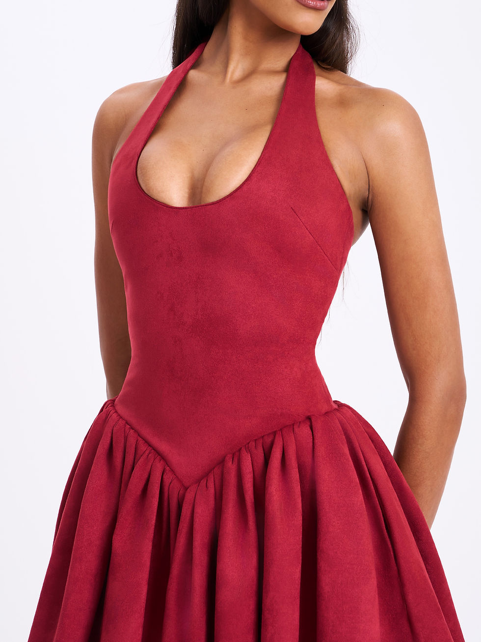 Thumbnail: Hadara Burgundy Suede Halter Mini Full Dress