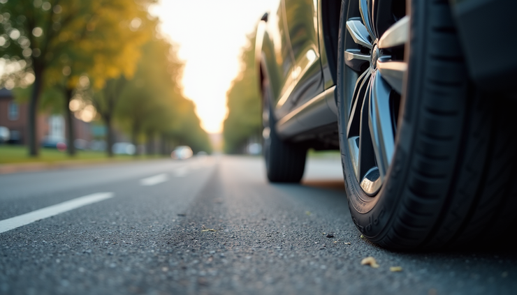 Vue rapprochée d’un pneu d’été neuf posé sur une route asphaltée à Montréal