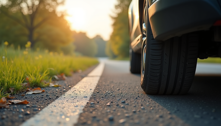 Eye-level view of a car tire on asphalt road with visible tread pattern