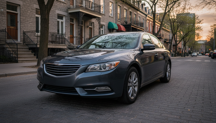 Three-quarter view of a clean sedan after bumper repair parked on a quiet Montreal street.