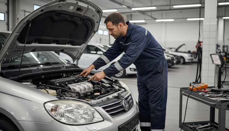 Eye-level view of a mechanic inspecting an open engine bay.