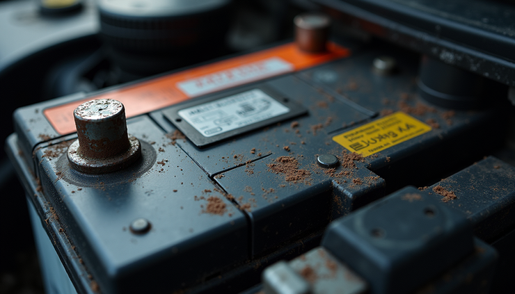 Vue en plongée d'une batterie de voiture avec corrosion sur les bornes