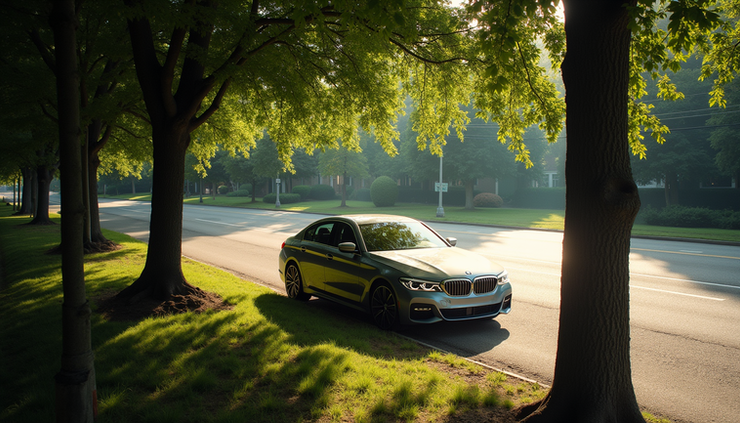 Vue en plongée d’une voiture garée à l’ombre sous des arbres