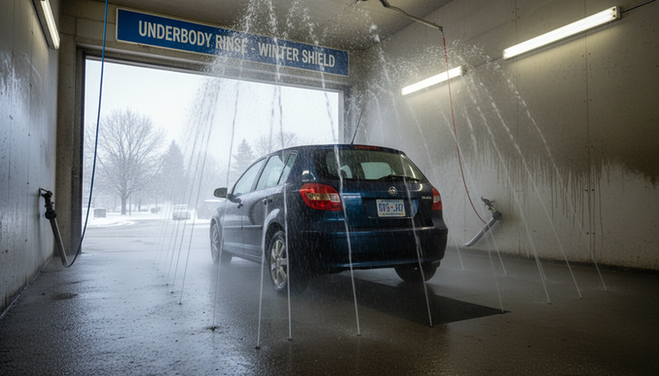 Wide-angle view of a car passing through an underbody rinse at a winter car wash