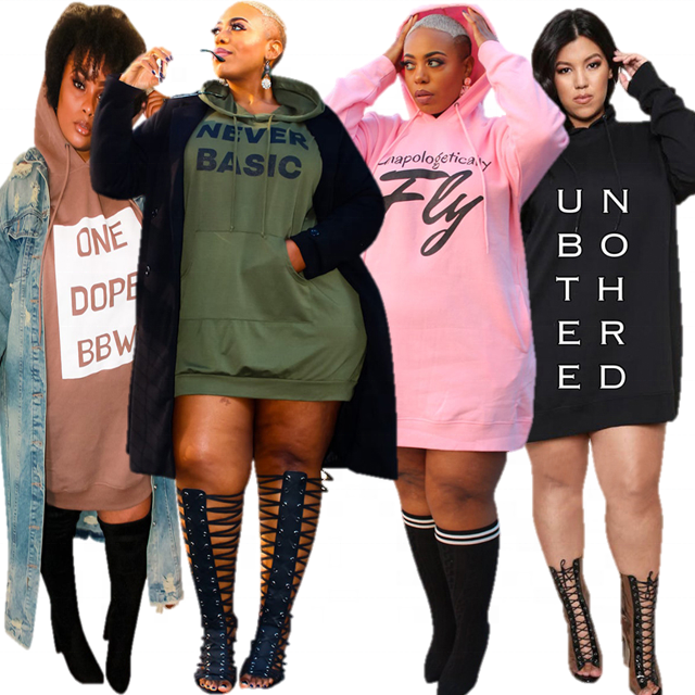 Plus Size - Ladies Printed Fashion Hooded Knee-Length Sweater Dress