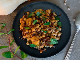 Butternut Squash, Chickpea and Crispy Onion Salad with Tahini Dressing