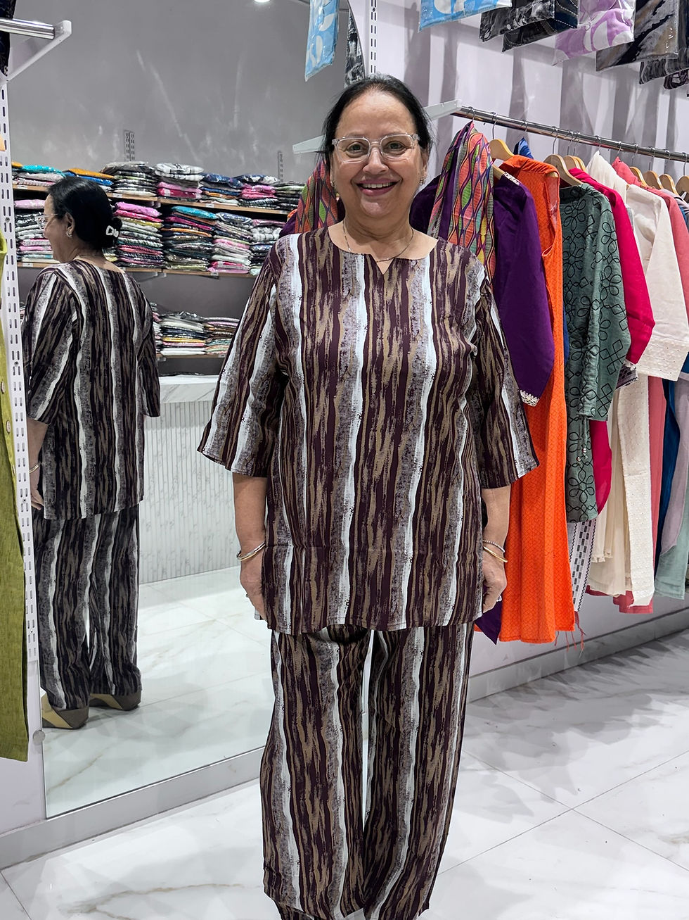 Adah India Brown Coord Set with white line print and 3/4 sleeves, perfect for daily wear, loungewear, or nightwear.