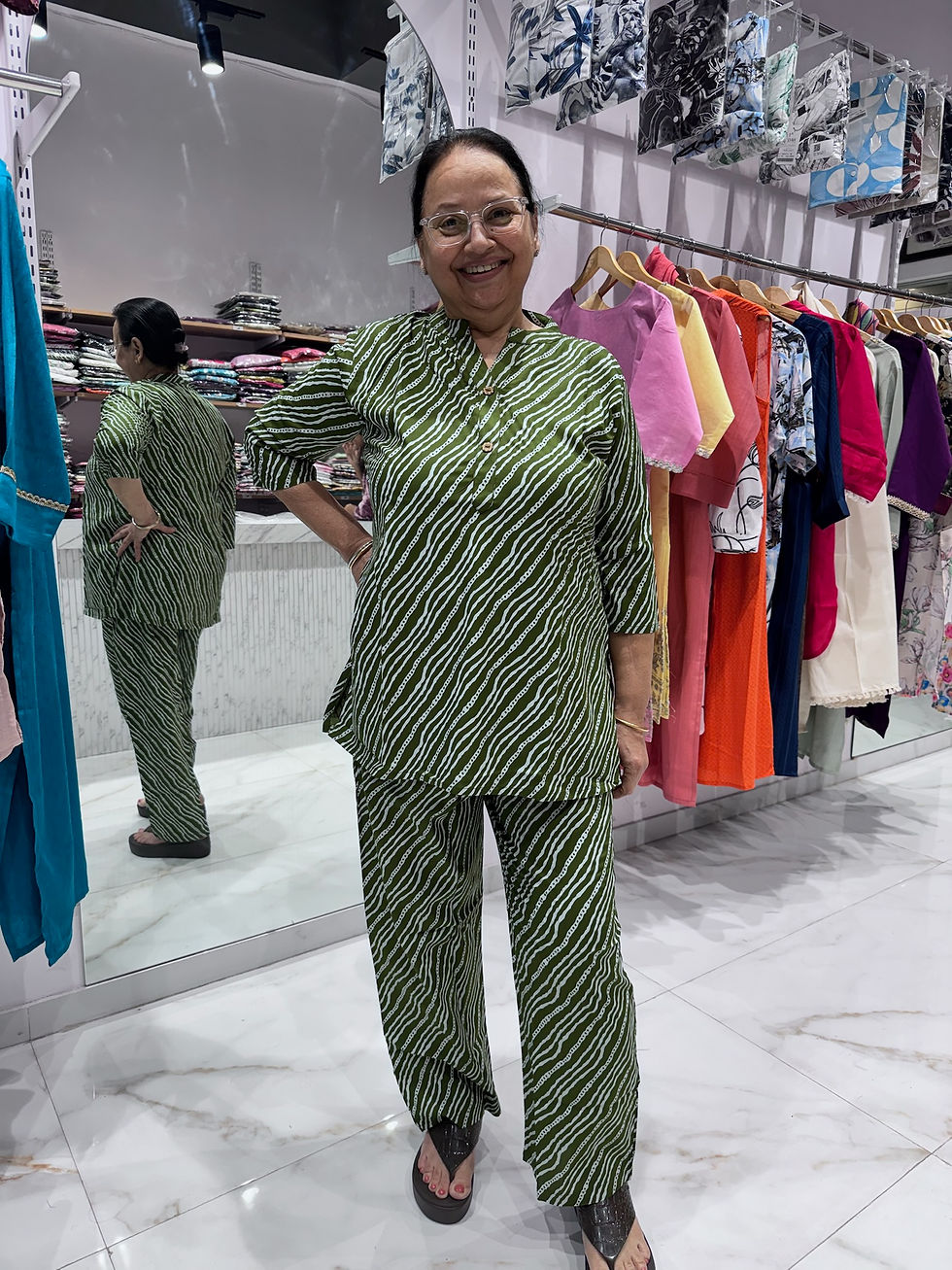 Adah India Green Leheriya Coord Set in a cotton-rayon blend, featuring pockets and a stylish pattern, ideal for daily comfort