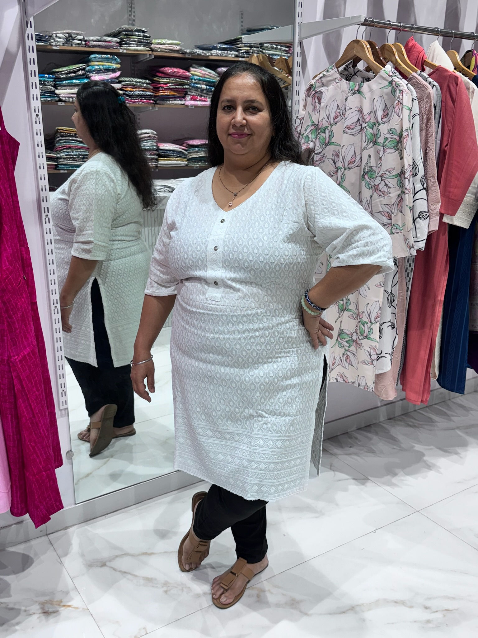 Adah India White Chikankari Kurti in soft rayon fabric with all-over chikankari embroidery, stylish, breathable, and shrink-r