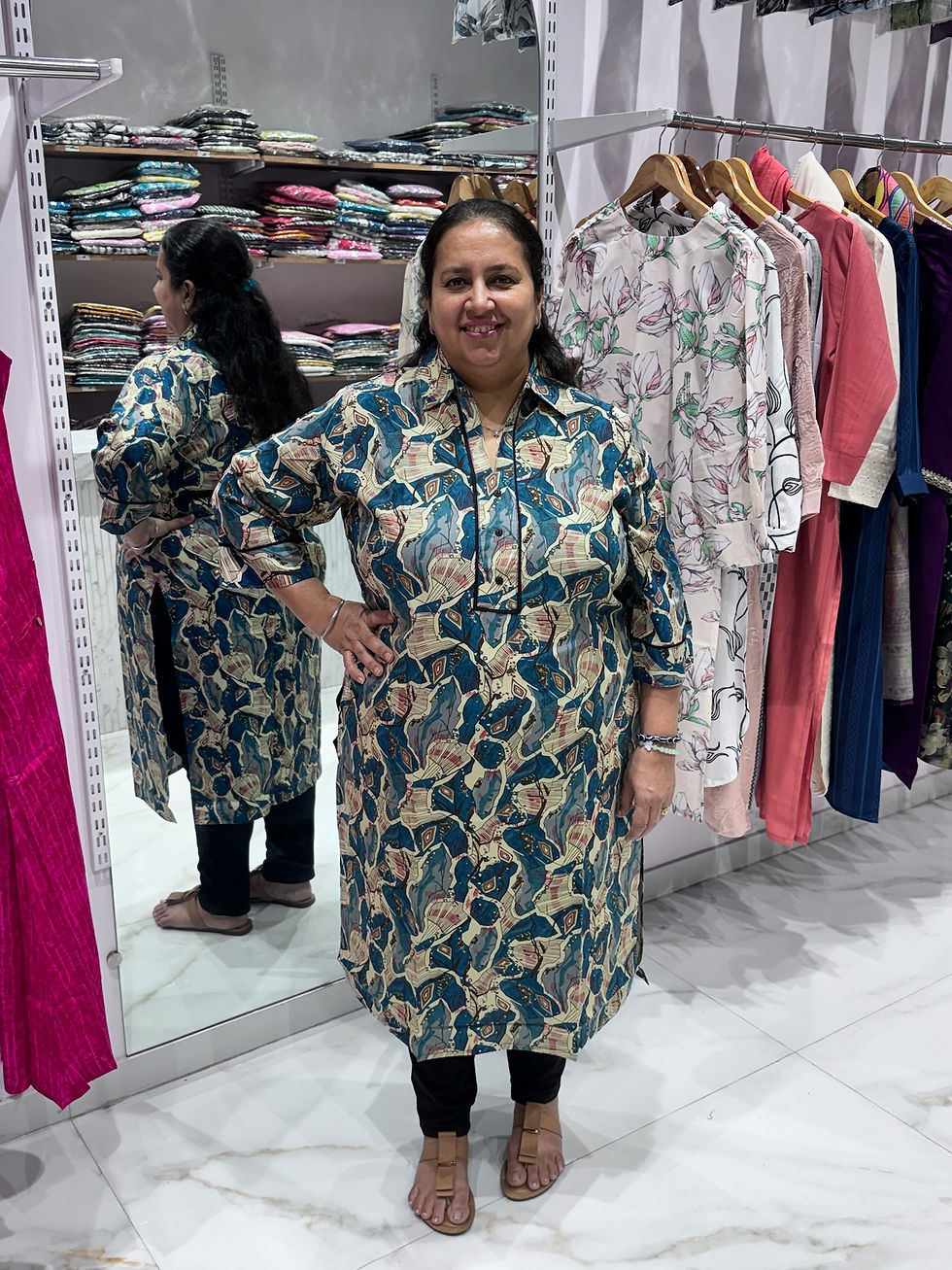 Adah India Blue Printed Long Kurti in breathable fabric with elegant prints, perfect for casual wear, office wear, or everyda