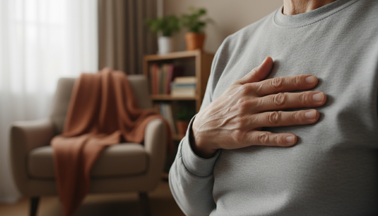 Close-up of a hand resting over the chest during a quiet moment