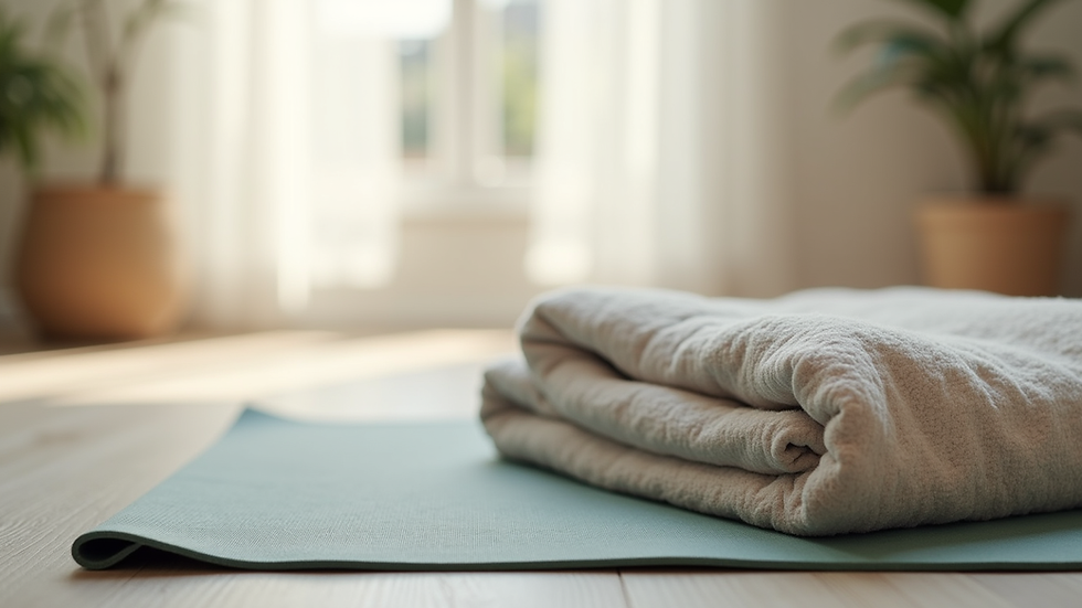 Close-up view of a soft blanket and yoga mat in a serene home setting