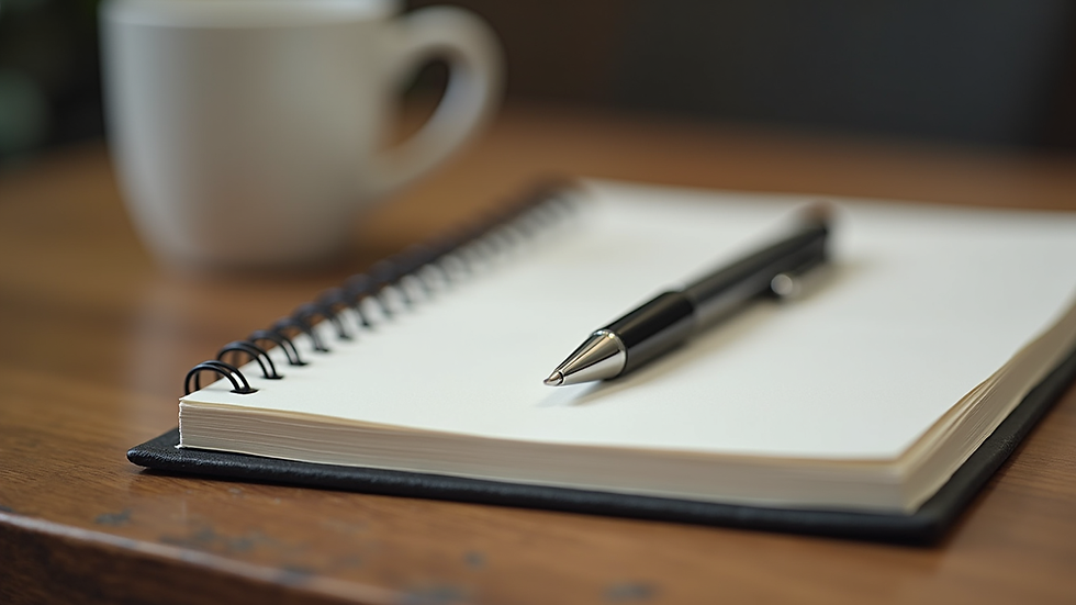 Close-up view of a journal and pen on a wooden table, ready for reflection