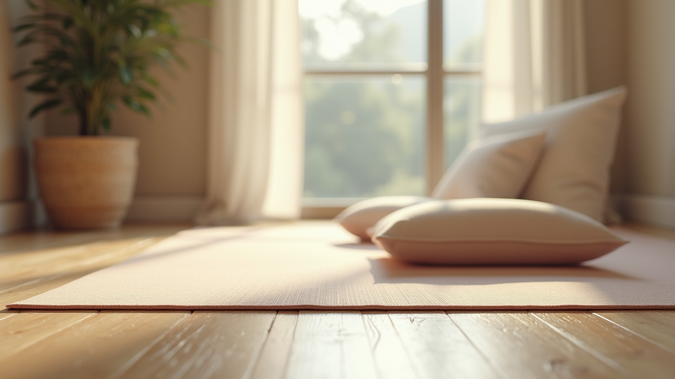 Eye-level view of a peaceful meditation space with a yoga mat and soft cushions