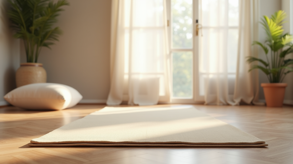 Eye-level view of a peaceful meditation space with a yoga mat and soft cushions