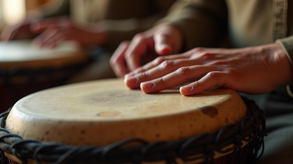 Close-up view of a hand striking a djembe drum during a calming drumming session