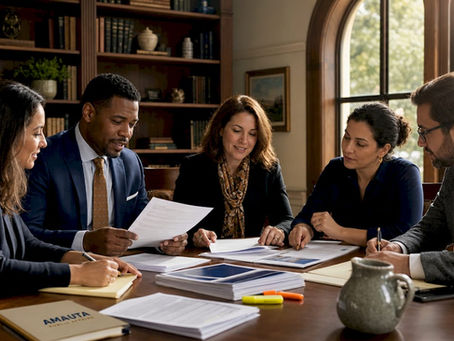 Nonprofit team discussing government relations documents