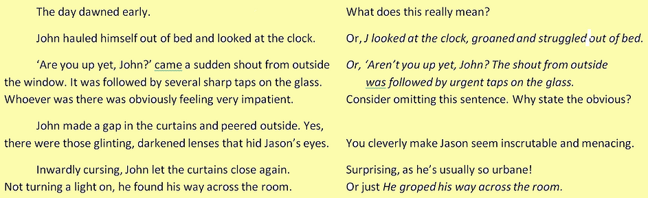 The start of a novel by an up-coming author with parallel annotations offering advice for improvement.