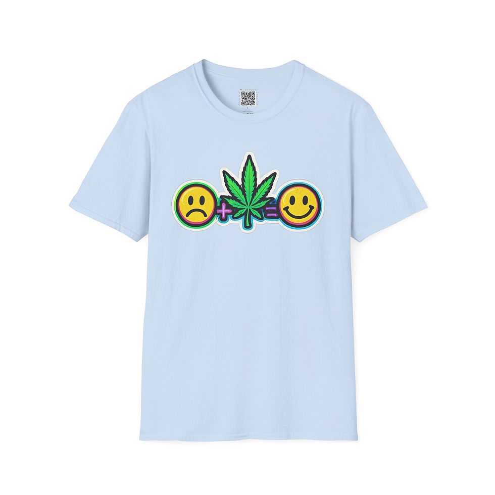Thumbnail: Cartoon-style T-shirt with a sad face, cannabis leaf, and happy face emoji in a horizontal layout on a light blue shirt. Brig
