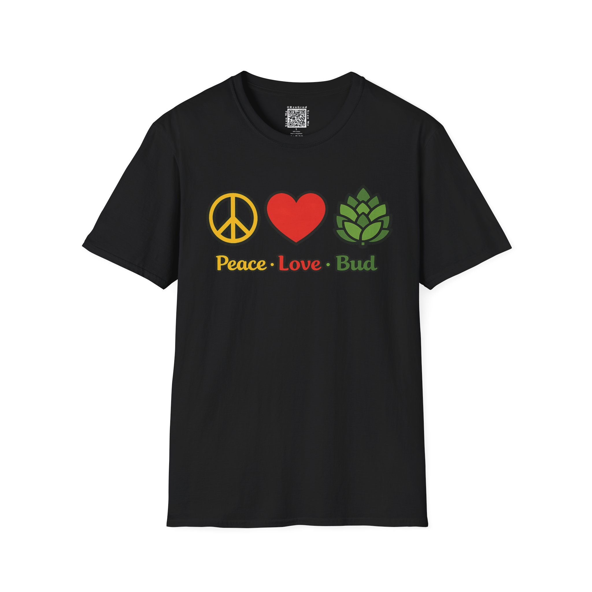 Black unisex t-shirt featuring a retro “Peace Love Bud” graphic with peace sign, red heart, and green leaf design on front.