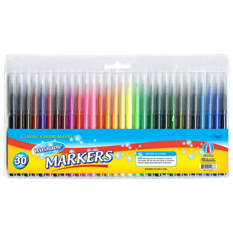 BAZIC 30 Classic Colours Fine Line Washable Markers