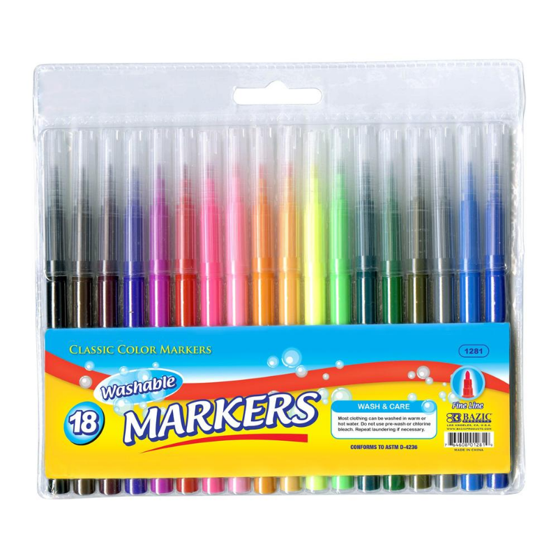 BAZIC 18 Classic Colours Fine Line Washable Markers