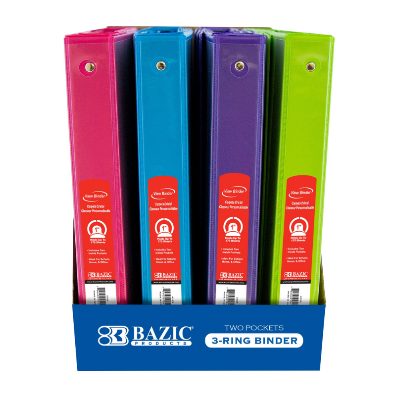 BAZIC 1" Assorted Neon Colour 3-Ring View Binder w/ 2-Pockets