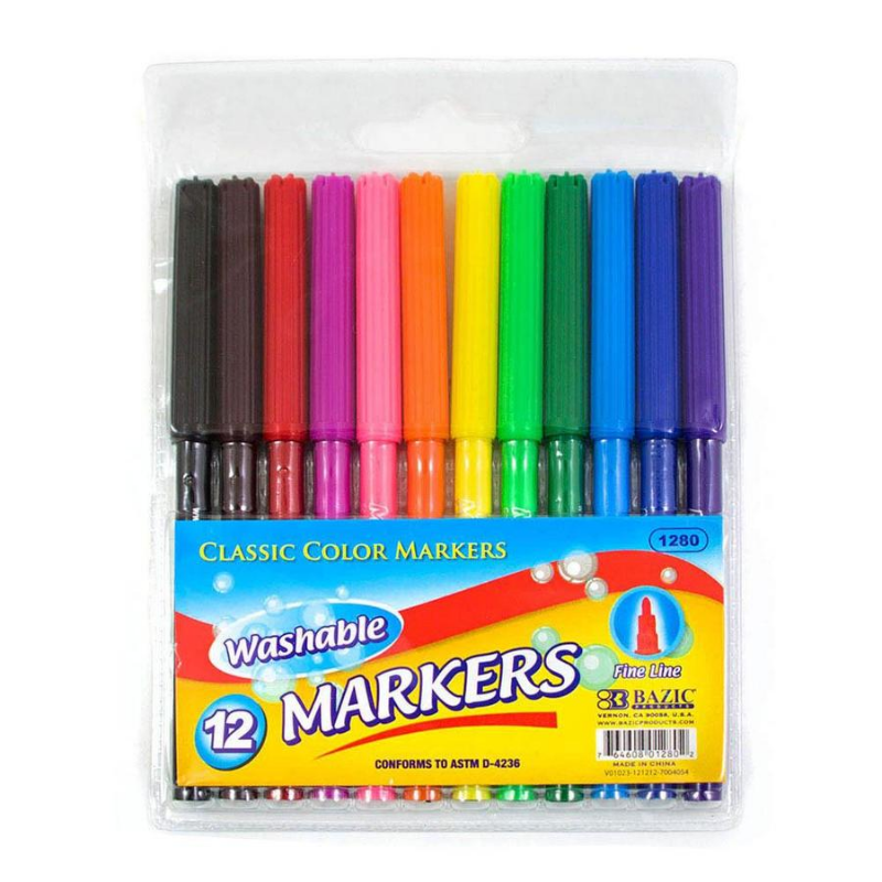 BAZIC 12 Classic Colours Fine Line Washable Markers