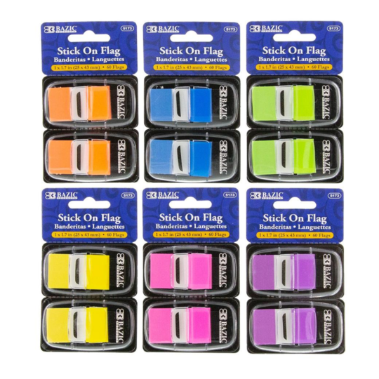 BAZIC 30 Sheets 1" x 1.7" Neon Color Standard Flags w/ Dispenser (2/Pack)