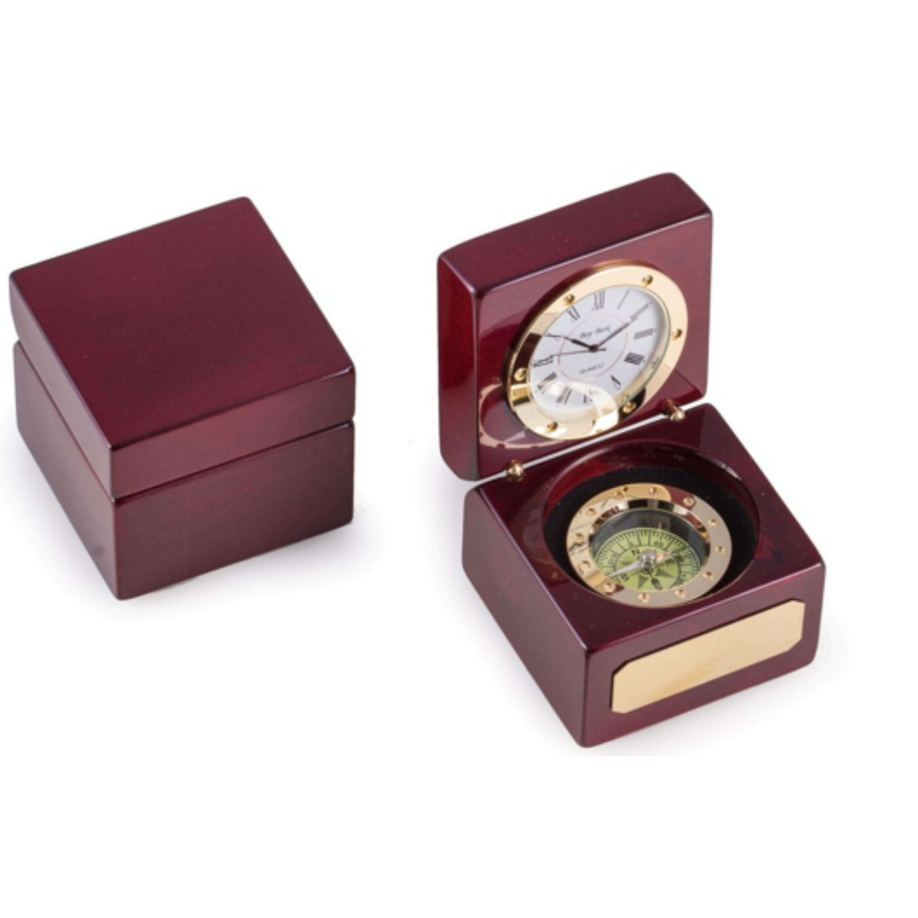 Compass and Clock in Lacquered Rosewood Hinged Box