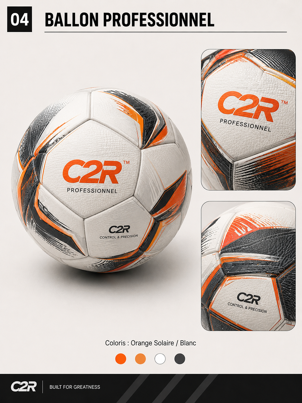 Miniature : Ballon de football C2R Professionnel orange et blanc.