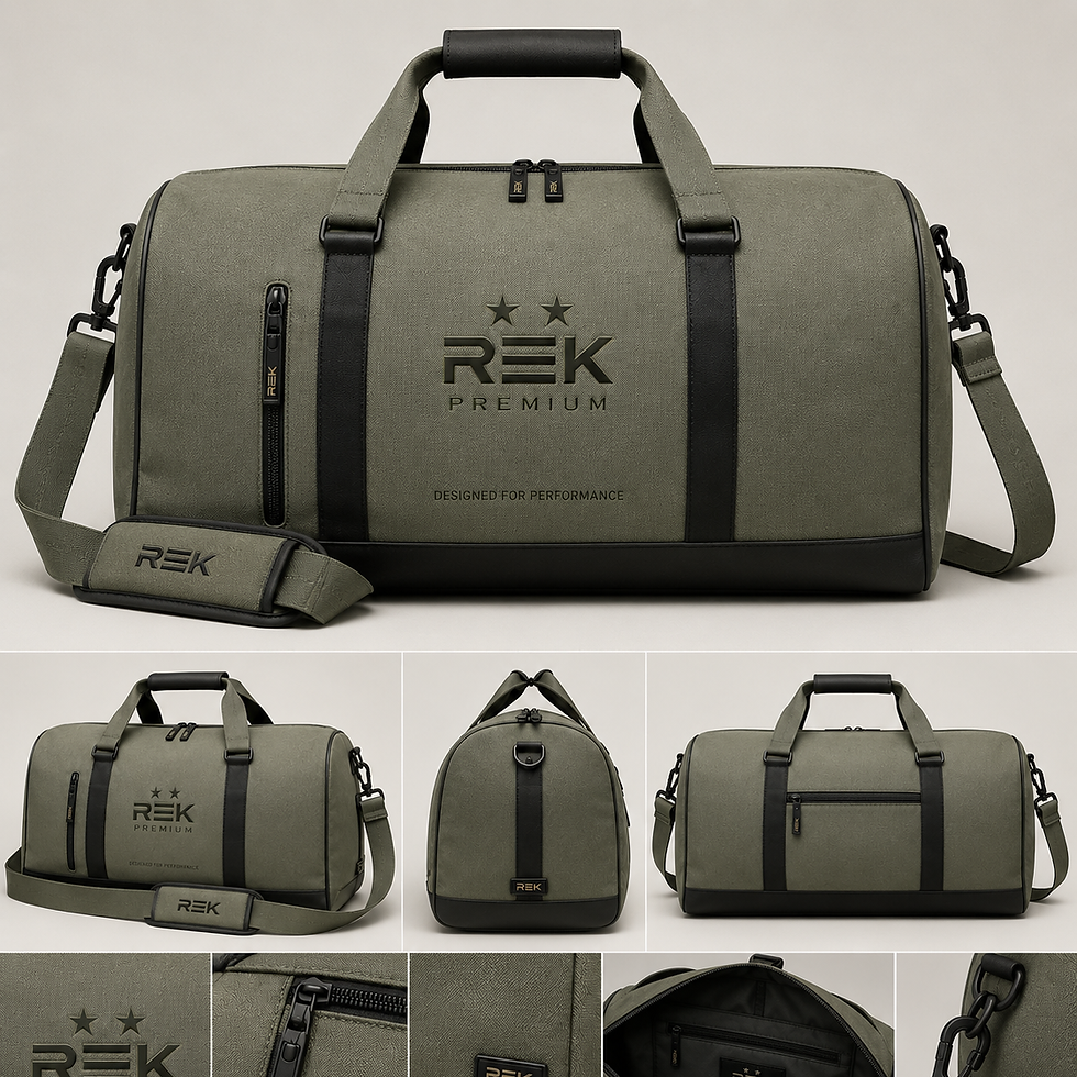 Sac de sport REK Premium kaki avec vues multiples et détails.
