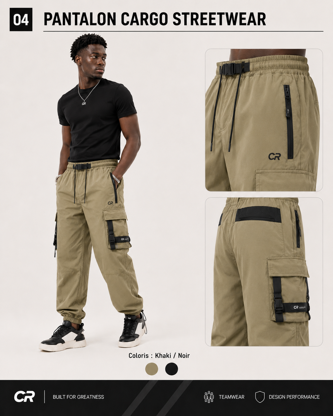 Pantalon Cargo C2R kaki et noir avec poches latérales.
