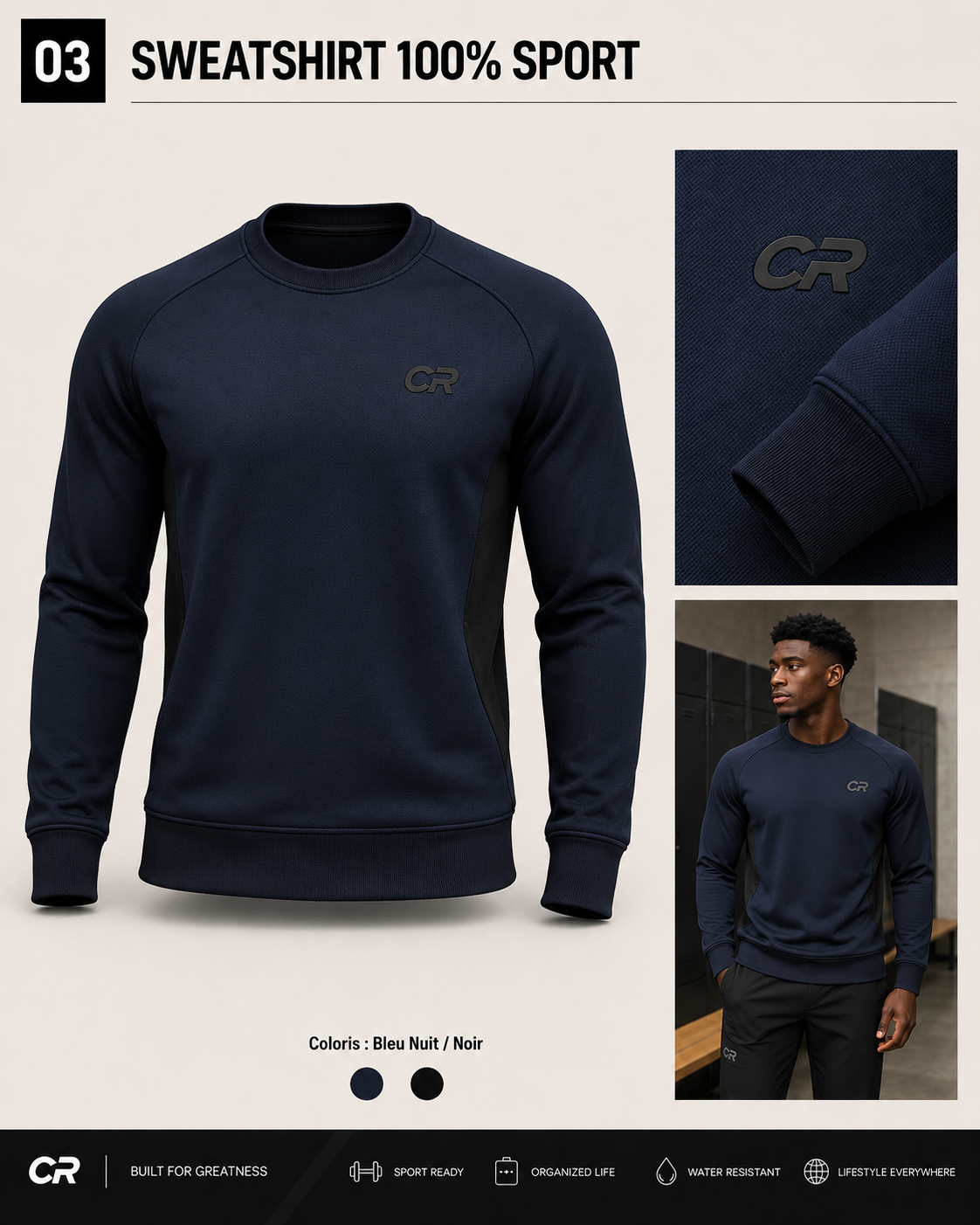 Sweatshirt C2R bleu nuit avec logo brodé sur la poitrine.