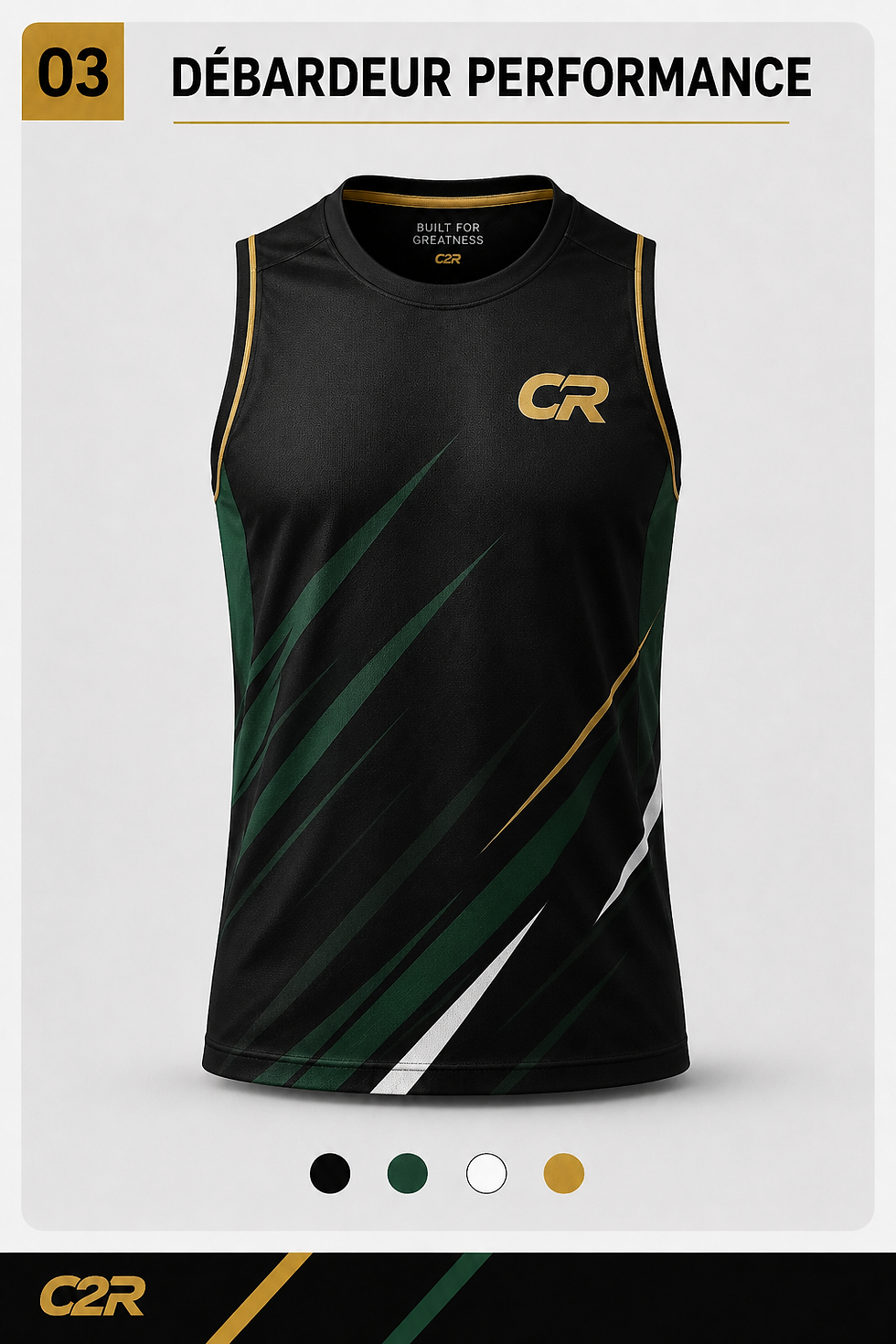 Débardeur de sport noir ACADEMIE C2R avec motifs verts et or.