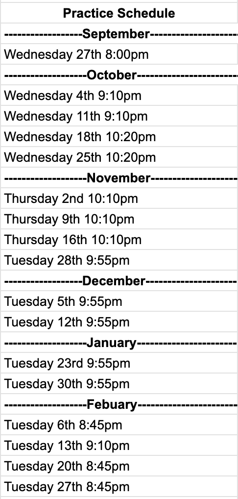 2023-2024 Practice Schedule
