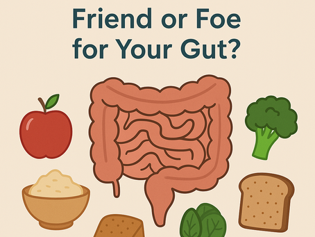 Illustration of human intestines surrounded by high-fiber foods like apples, broccoli, oatmeal, and whole wheat bread, representing soluble and insoluble fiber.