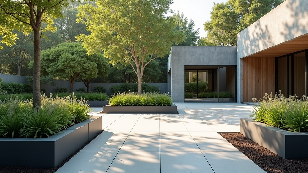 Eye-level view of modern garden with geometric planters and clean lines
